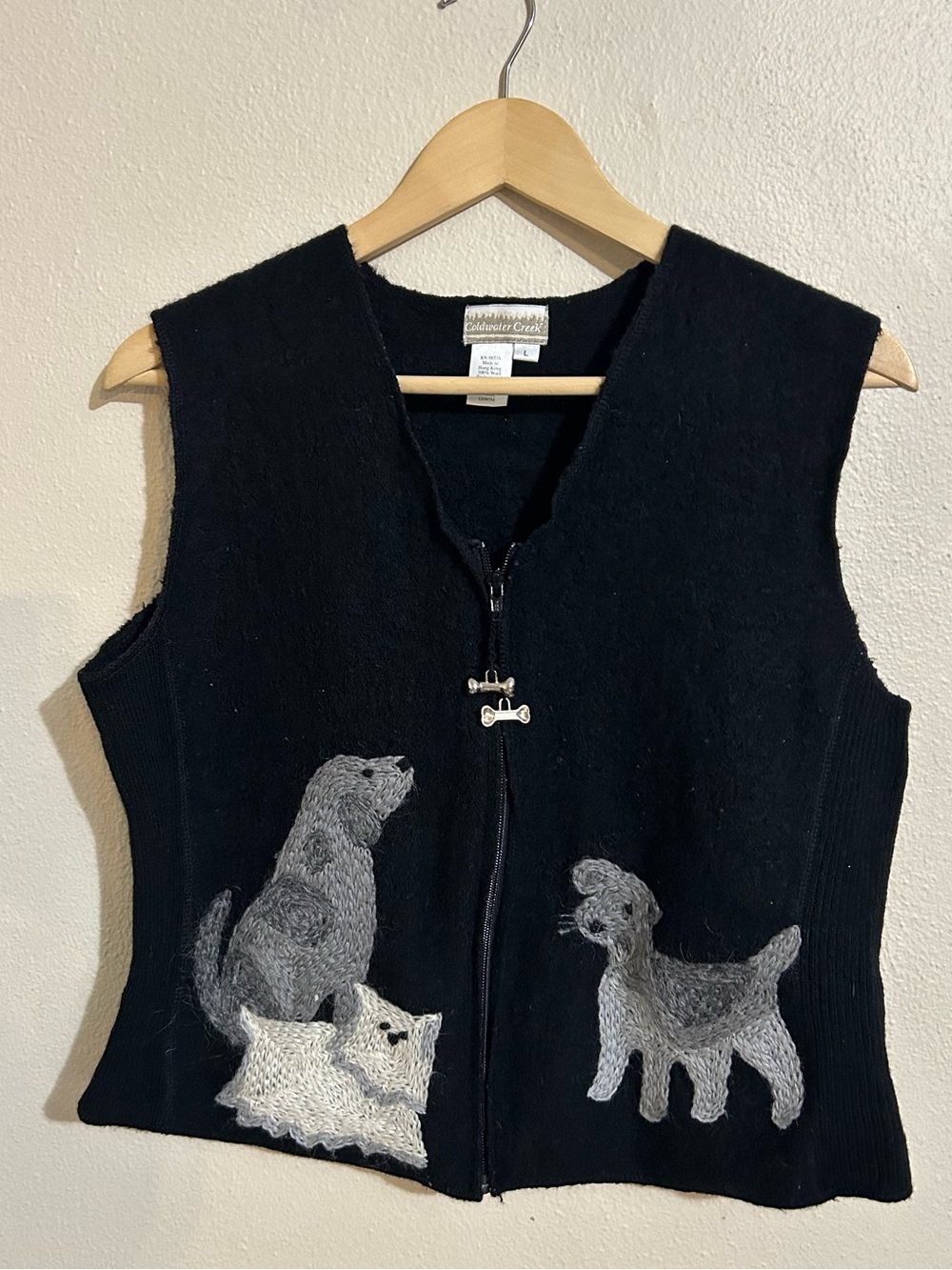 Coldwater Creek Wool Black Embroidered Dog Zip Vest Womens Size Large